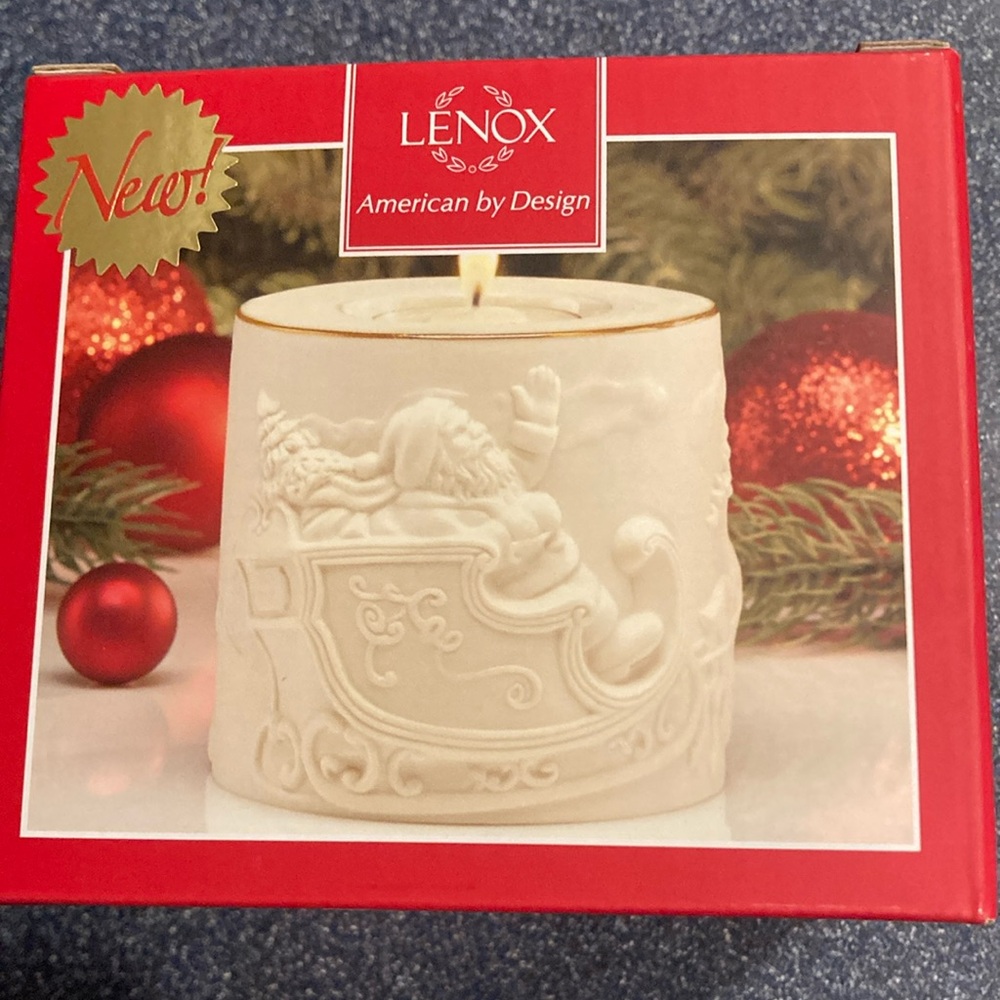 Lenox Ivory Santa Sleigh Candle Holder and Holly Scrollwork Candle Holder